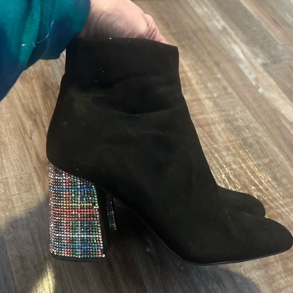 50%offw❤️Betsy Johnson Barrette BLACK MULTI suede boot BOOTIE rhinestone heels - Picture 3 of 7
